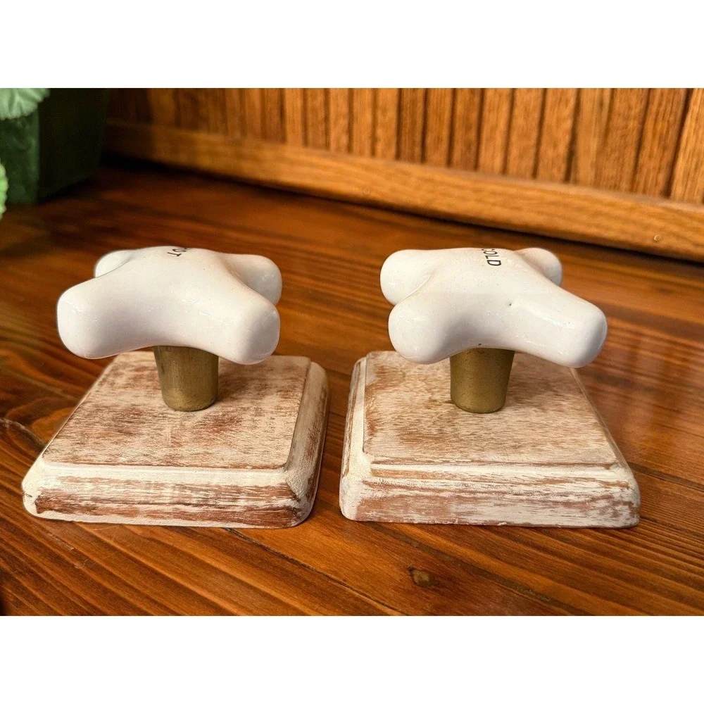 Hot Cold Faucet Knob Wall Hooks Set Rustic Farmhouse Wood Ceramic Bathroom